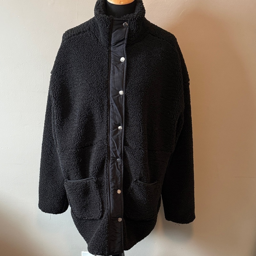 Katydid Black Slouchy Sherpa-like Fleece Jacket Zipper & Snap Closure Sz XXL